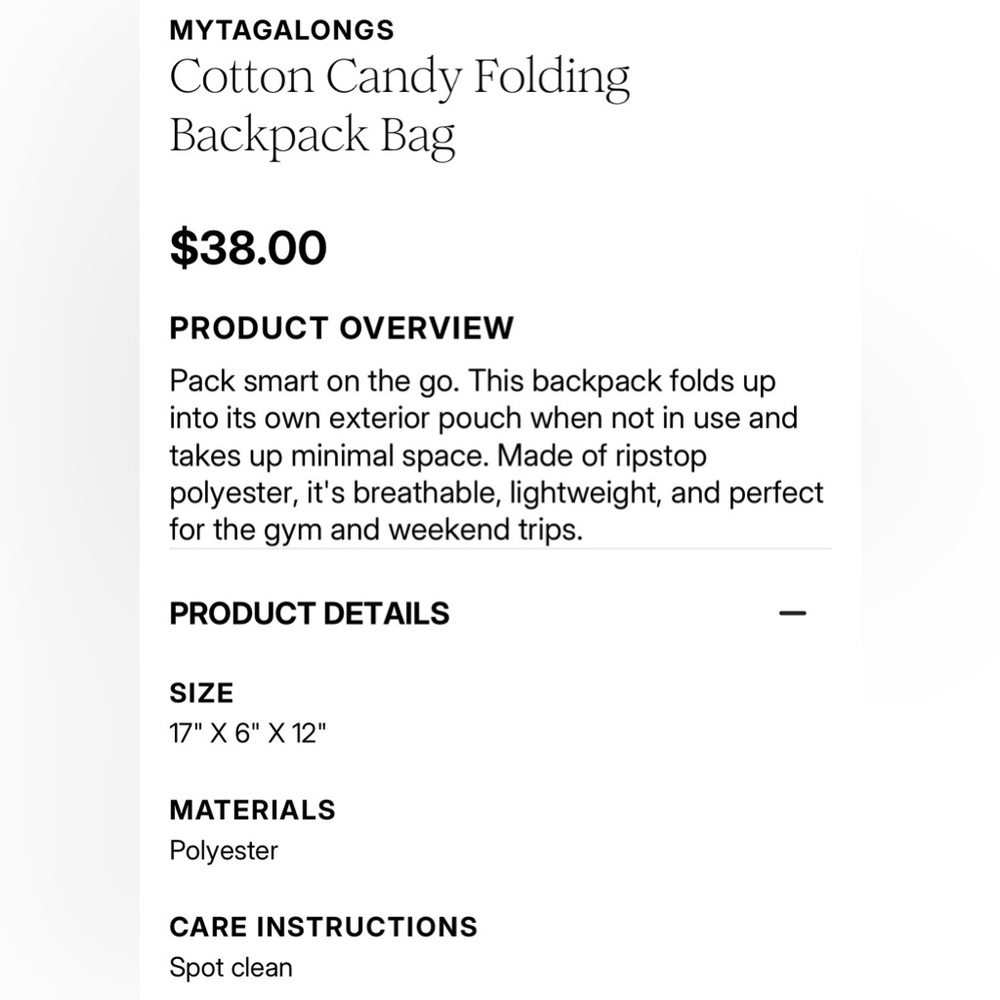 Mytagalongs Pink Cotton Candy Foldable Backpack MSRP $38 - Picture 9 of 12